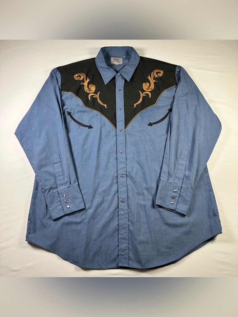 Vintage Ely Diamond Western Shirt Mens XL Blue Gold Embroidered Pearl Snap